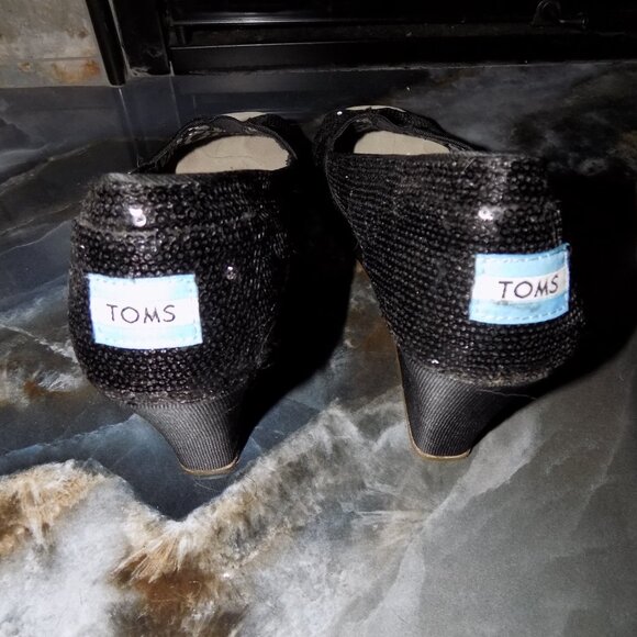 Toms Sequin Michelle Wedge Sandal Heels Black Heel Size 11 Women's - Picture 4 of 5